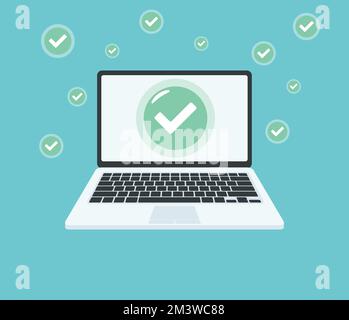 Laptop-Computer und Zwischenablage in Tick Icon Vector Design. Stock Vektor