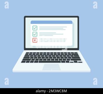Checkliste auf dem Laptop-Bildschirm. Darstellung isolierter Vektoren in flacher Form. Design für Website, Banner, Infografiken usw. Stock Vektor