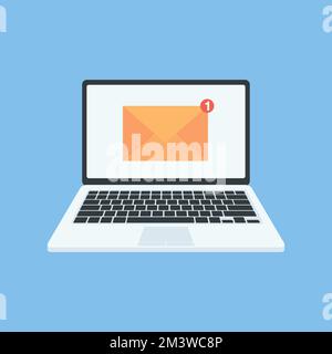 E-Mail-Benachrichtigung auf Laptop. Neue Nachricht. E-Mail-Benachrichtigung auf Laptop-Bildschirm. Flacher Stil. Vektordarstellung. Stock Vektor