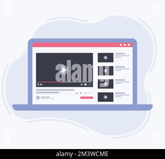 Webvideo-Player-Vorlage für soziale Medien auf Laptop-Bildschirm. Laptop mit Videoplayer auf dem Bildschirm. Sehen Sie sich Filme, Schulungsmaterialien, Webkurse an. Vektor Stock Vektor