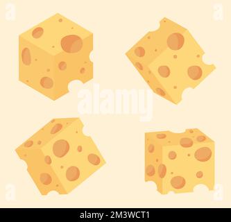 Zeichentrickfilm mit Käsewürfeln. Cheese Flat Icon Kollektion. Vektorwürfel aus gelbem Käse in flacher Form, isoliert auf gelbem Hintergrund Stock Vektor