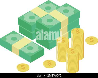 Isometrische Money-Dollar-Bargeld-Flachvektordarstellung. Abbildung: Dollarscheine. Gesetzesentwurf zum Grünbuch. Fly Cartoon Geld isoliert auf blauem Hintergrund. Stock Vektor