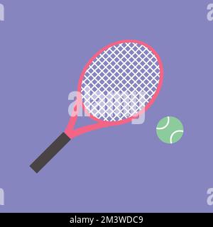 Tennisschläger mit Tennisball auf einem Tennisplatz isoliert auf lila Hintergrund. vektor und Illustration. Stock Vektor
