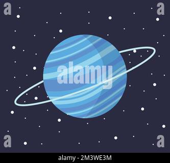 Cartoon Solarsystem Planet in flachem Stil. Uranus-Planet im dunklen Raum mit Sternenvektordarstellung. Stock Vektor