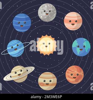 Eine Reihe von Cartoon-Planeten des Sonnensystems. Kindererziehung. Vektordarstellung von Cartoon-Sonnensystemplaneten in der Reihenfolge der Sonne. Infografik Illu Stock Vektor