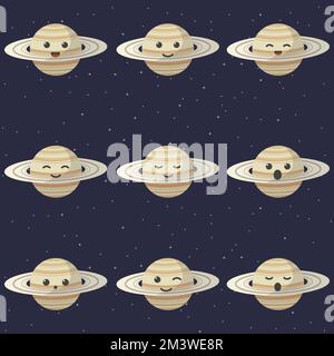 Süße Planet saturn-Zeichentrickfigur. Ein Set süßer Cartoon-Planeten mit verschiedenen Emotionen. Vektordarstellung Stock Vektor