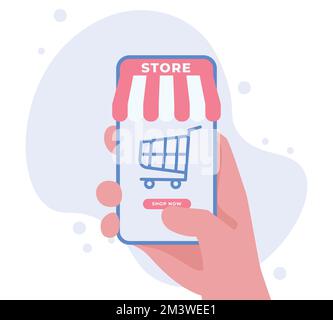 Online-Shopping-Shop mit mobilem Konzept. Smartphone in der Hand mit Online-Shop. Online-Shopping für Unternehmen und E-Commerce für Unternehmen Stock Vektor