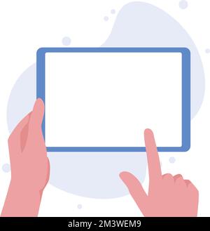Handgehaltenes Tablet mit leerer Vektordarstellung. Registerkarte mit leerem Bildschirm, Modell, Designelementen der App-Oberfläche Stock Vektor