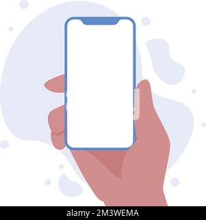 Dunkle Haut Hand hält Smartphone senkrecht mit leerer Vektordarstellung. Telefon mit leerem Bildschirm, Telefonmodell, App-Interface-Designelemente Stock Vektor