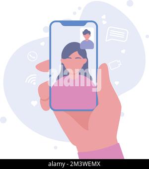 Konzept für Videoanrufe. Weibliches Smartphone mit der Hand, das Online-Gespräche mit männlichen Freunden führt. Unterhalten Sie sich über Video, Remote-Meetings und Telefongespräche Stock Vektor