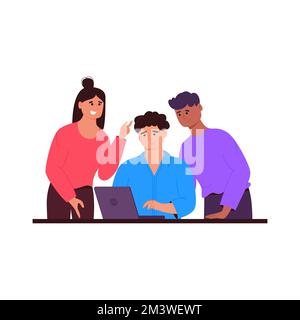 Mann mit Laptop und sein Team. Teamwork-Konzept. Abbildung eines flachen Vektors Stock Vektor