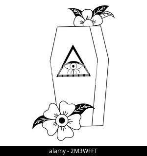 Sarg mit Blumen-Tattoo im Stil von Y2K, 1990er, 2000s. EMO Gothth-Element-Design. Altmodische Tätowierung. Vektordarstellung Stock Vektor