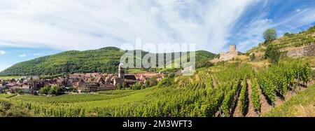 Schloss vor dem Hintergrund von Weinbergen in der Stadt Kaysersberg, Frankreich Stockfoto