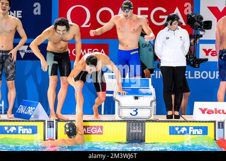 Matteo Ciampi, Thomas Ceccon, Alberto Razzetti und Paolo Conte Bonin aus Italien feiern nach dem Gewinn der Bronzemedaille in der 4x200 m großen Freestyle Relay Men Stockfoto