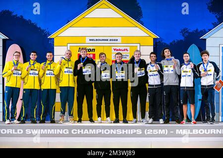 Thomas Neill, Kyle Chalmers, Flynn Zareb Southam, Mack Horton aus Australien, Silver, Kieran Smith, Carson Foster, Trenton Julian, Drew Kibler von United Stockfoto