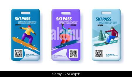 Vorlage für Skipass-Eintrittskarte mit 3D-Darstellung von Ski- und Snowboardern auf der Piste mit qr-Code Stock Vektor