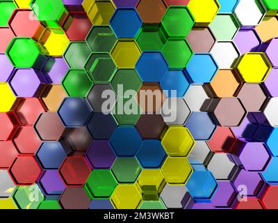 Abstrakter Hintergrund aus mehrfarbigen Sechsecken. 3D Abbildung. Stockfoto