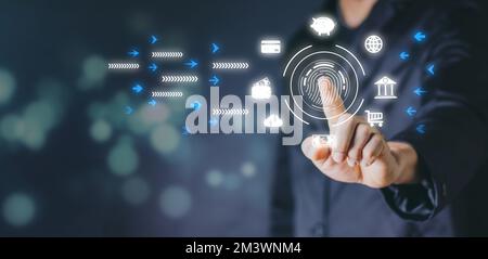Futuristische digitale Verarbeitung eines biometrischen Identifikations-Fingerabdruckscanners für den Zugriff auf personenbezogene Finanzdaten. Überwachungs- und Sicherheitsscans o Stockfoto