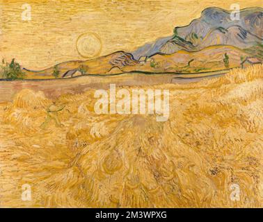 Vincent van Gogh, Weizenfeld mit Sensenmann und Sonne, Landschaftsmalerei in Öl auf Leinwand, 1889 Stockfoto