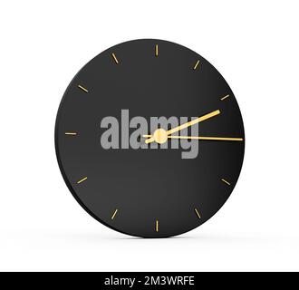 Symbol „Premium Gold Clock“ isoliert 2:15 Uhr Viertel nach zwei auf schwarzem Symbolhintergrund, 3D Abbildung Stockfoto