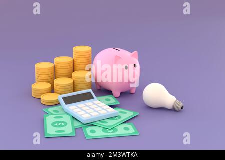 3D. Sparschwein, Münzen, Banknoten und Taschenrechner. Geschäftseinsparungen. Stockfoto