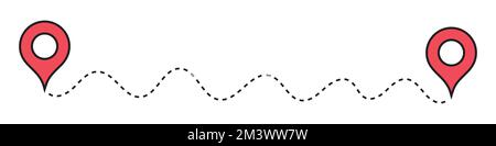 Symbol für Routenposition, zwei Schilder und gepunktete Straßenlinie, Symbol für Beginn und Ende des Wegs auf weißem Hintergrund. Vektordarstellung Stock Vektor