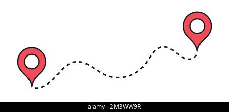 Symbol für Routenposition, zwei Schilder und gepunktete Straßenlinie, Symbol für Beginn und Ende des Wegs auf weißem Hintergrund. Vektordarstellung Stock Vektor