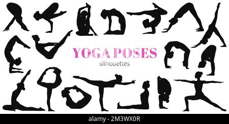 Ein Satz weiblicher Silhouetten, die Yoga und Fitness machen. Stock Vektor