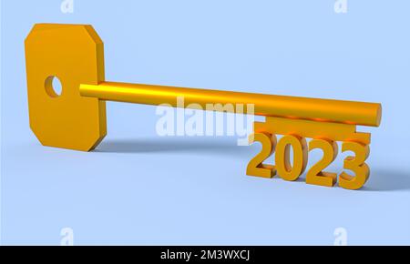 Konzeptschlüssel mit Neujahr 2023 auf blauem Hintergrund. 3D-Rendering Stockfoto