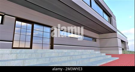 Die Treppe der Betontreppe der Veranda eines privaten Technologieanwesens hochklettern. Ein geeignetes Werbebanner für Luxuswohnungen in Vororten. 3 Stockfoto