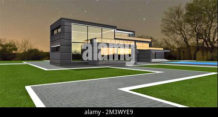 Stilvoller Gehweg mit grauen Steinen. Weißer Bordstein als Rand. Wunderschöner grüner Rasen. 3D-Rendering. Stockfoto