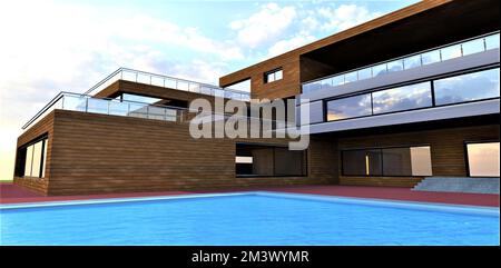 Ein tiefer Pool mit blauem Wasser im Innenhof eines schicken Landhauses mit einer Fassade mit Aluminiumelementen. 3D-Rendering. Stockfoto