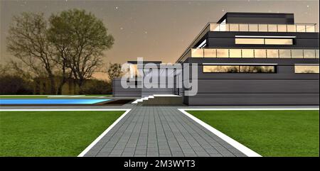 Atemberaubender Fußweg mit grauem Granitstein. Weißer Rand auf dem grünen Rasen. Moderne Villa mit Pool unter Sternennacht. 3D-Rendering. Stockfoto
