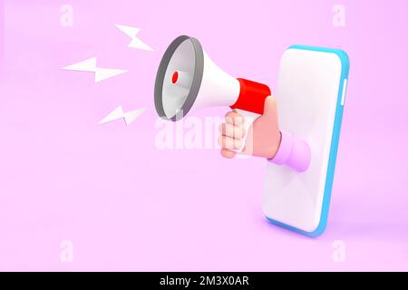 3D. Ein Megafon mit einer Hand, das aus dem Mobiltelefon kommt. Digitales Marketing Stockfoto