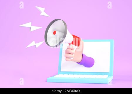 3D. Ein Megafon mit Handgriff, das aus dem Laptop kommt. Digitales Marketing Stockfoto