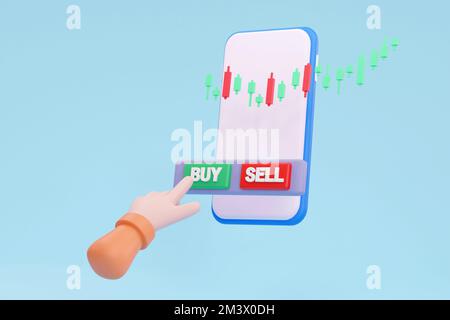 3D. Börsengeschäftszene. Drücken der grünen Kauftaste auf dem Smartphone. Geld- und Weltwirtschaftskonzept. Stockfoto