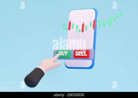3D. Börsengeschäftszene. Drücken der grünen Kauftaste auf dem Smartphone. Geld- und Weltwirtschaftskonzept. Stockfoto