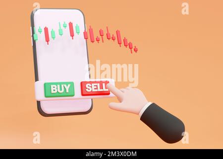 3D. Börsengeschäftszene. Drücken der grünen Kauftaste auf dem Smartphone. Geld- und Weltwirtschaftskonzept. Stockfoto