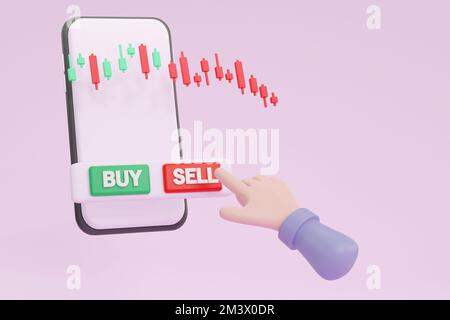3D. Börsengeschäftszene. Drücken der grünen Kauftaste auf dem Smartphone. Geld- und Weltwirtschaftskonzept. Stockfoto