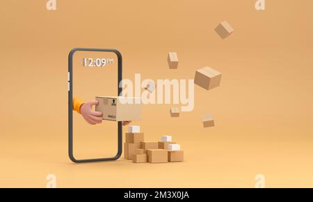 3D. Cartoon-Kurierdienst-Hand vom Smartphone in orangefarbenem Karton. Stockfoto