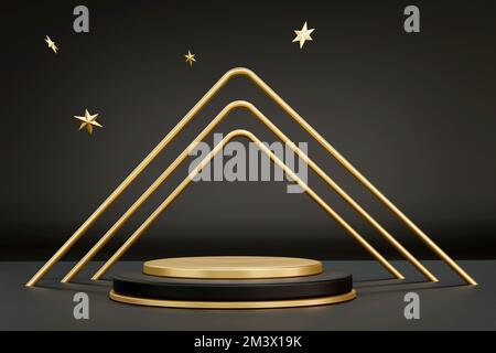 3D. Podium, goldene Säule und goldener Stern auf schwarzer Szene. Stockfoto