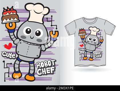 Niedlicher Roboter-Koch, handgezeichnet für Kinder-T-Shirt-Design Stock Vektor