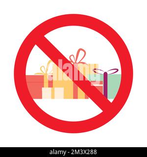 Symbol „Geschenke verbieten“ für Veranstaltung Geburtstag weihnachten und Neujahr. Vektordarstellung. Geschenkbox verboten, Verbotsschild, kein Geschenkvorbehalt, Geschenk verboten Stock Vektor