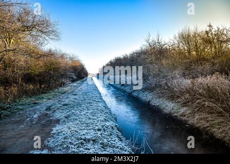 Den Helder, Niederlande. Dezember 2022. Holländische Winterlandschaft mit Frost. Hochwertiges Foto Stockfoto