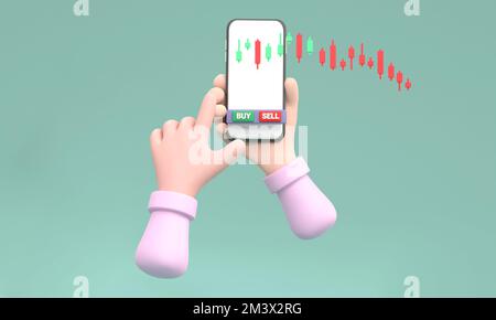 3D. Börsengeschäftszene. Drücken der grünen Kauftaste auf dem Smartphone. Geld- und Weltwirtschaftskonzept. Stockfoto