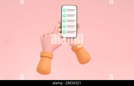 3D. Checkliste auf dem Smartphone-Bildschirm. Konzept der Online-Umfrage. Handgriff für Mobiltelefon und Checkliste. Stockfoto