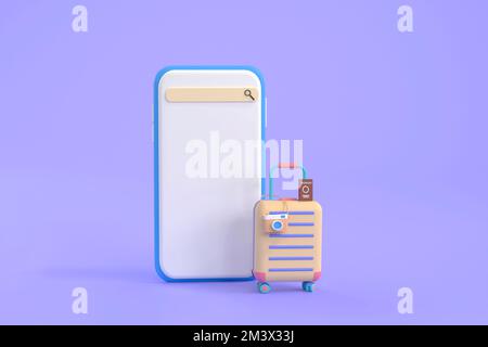 3D . Koffer, Kamera mit Smartphone. Reisekonzept. Stockfoto
