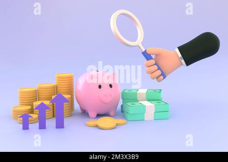 3D. Handlupe und Sparschwein, Münzstapel, Banknoten. Konzeptinvestition. Stockfoto