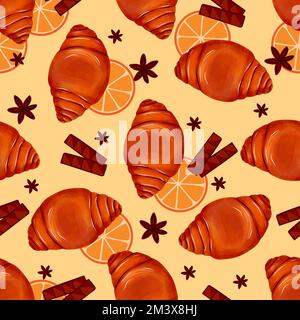 Nahtloses Geschenkpapier mit Croissants. Einwickelpapierstruktur mit französischen Croissants. Brötchen mit Füllung. Stock Vektor