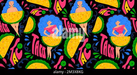 Taco. Mexikanische Küche. Nahtloses Taco-Muster. Moderner Druck für T-Shirts und Postkarten Stock Vektor